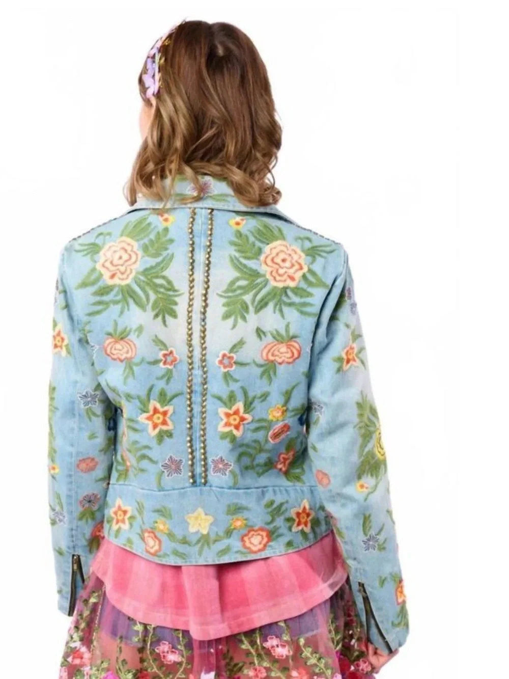 Sold out AR.NWT $240 Aratta Lucinda Embroidered Denim Light Blue Floral Moto - Picture 2 of 4